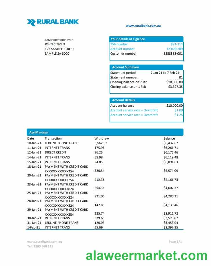 Australia Rural Bank statement easy to fill template in Excel and PDF format
